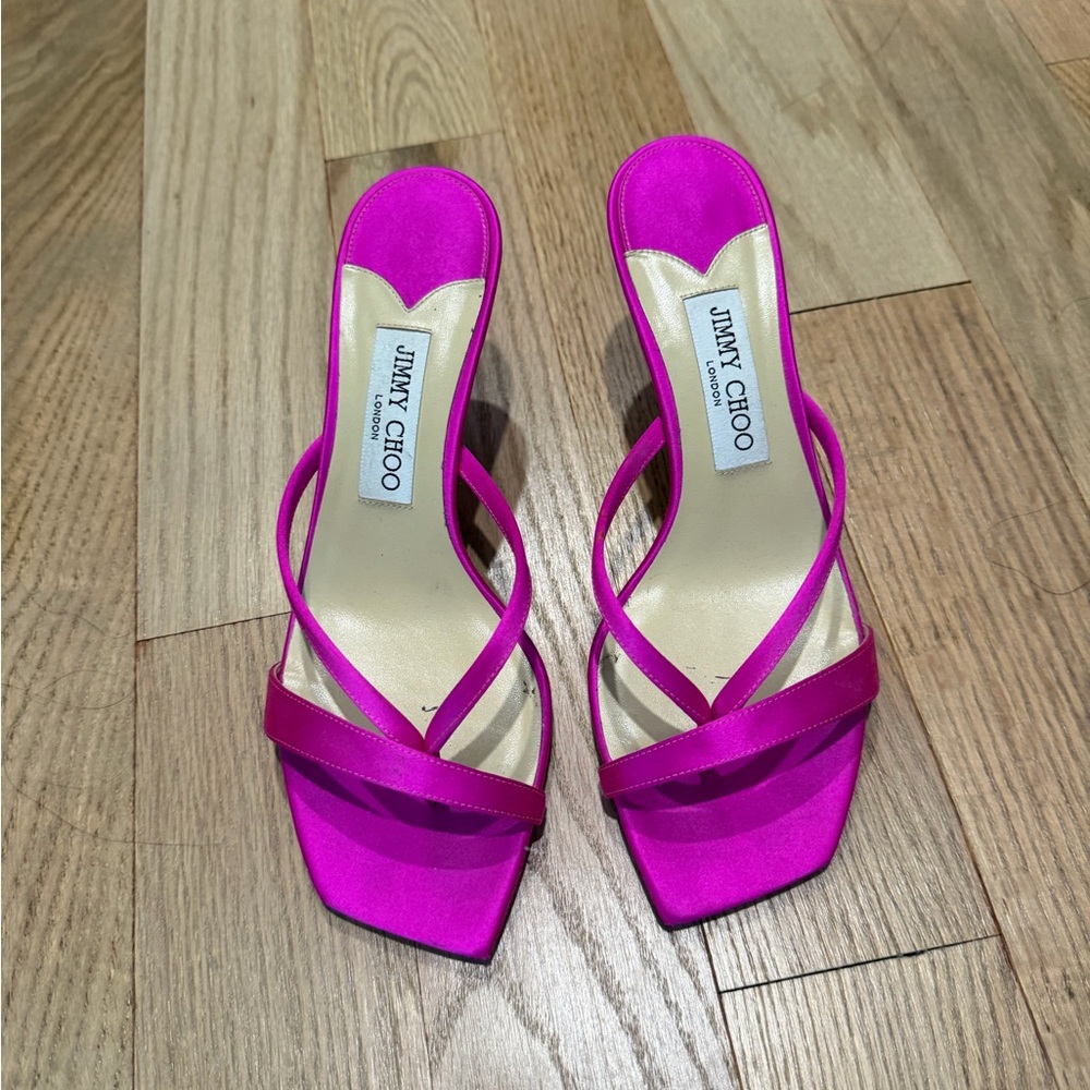 Jimmy Choo Fuchsia Satin Strappy Slide Heels
